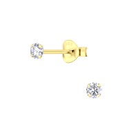 Round Cubic Zirconia Silver Stud Earrings 3mm Gold Plated