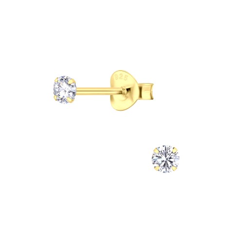 Round Cubic Zirconia Silver Stud Earrings 3mm Gold Plated