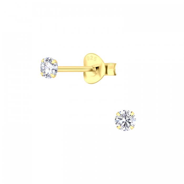 Round Cubic Zirconia Silver Stud Earrings 3mm Gold Plated