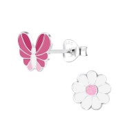 Silver Butterfly and Flower Stud Earrings