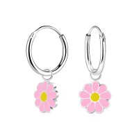 Silver Daisy Flower Charm Hoop Earrings
