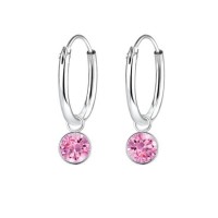 Round Cubic Zirconia Silver Charm Hoop Earrings Pink