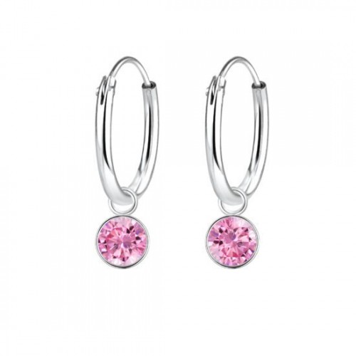 Round Cubic Zirconia Silver Charm Hoop Earrings Pink