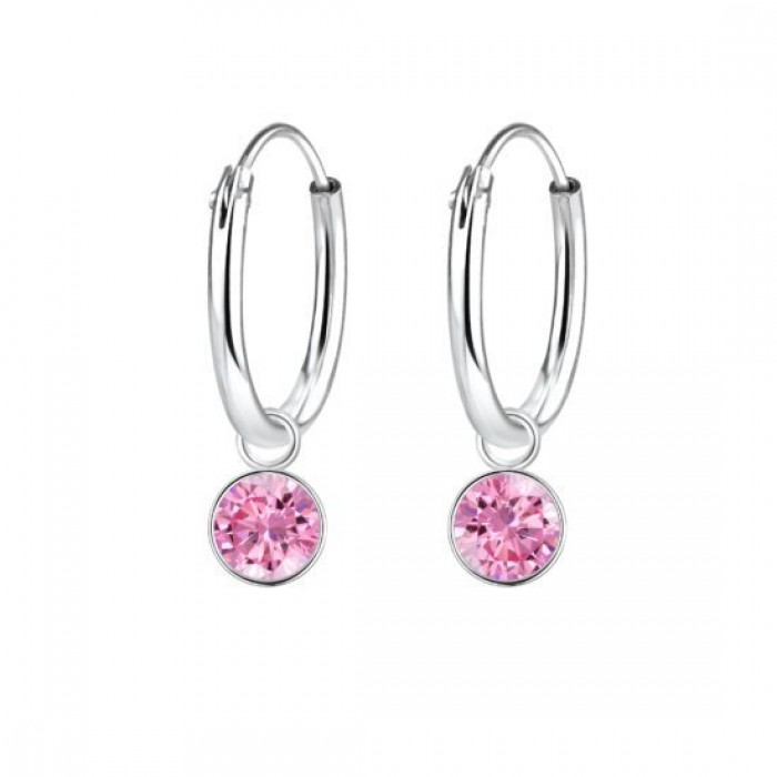 Round Cubic Zirconia Silver Charm Hoop Earrings Pink