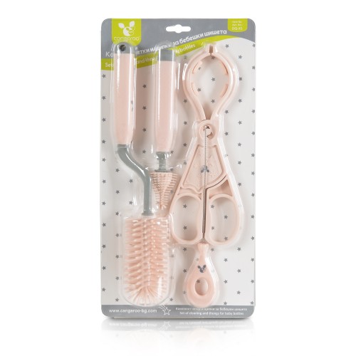 Set Of Cleaning Brushes And Tongs For Baby Bottles Pink
