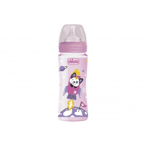 Plastic Bottle With Silicone Nipple Pink 330ml 4M +