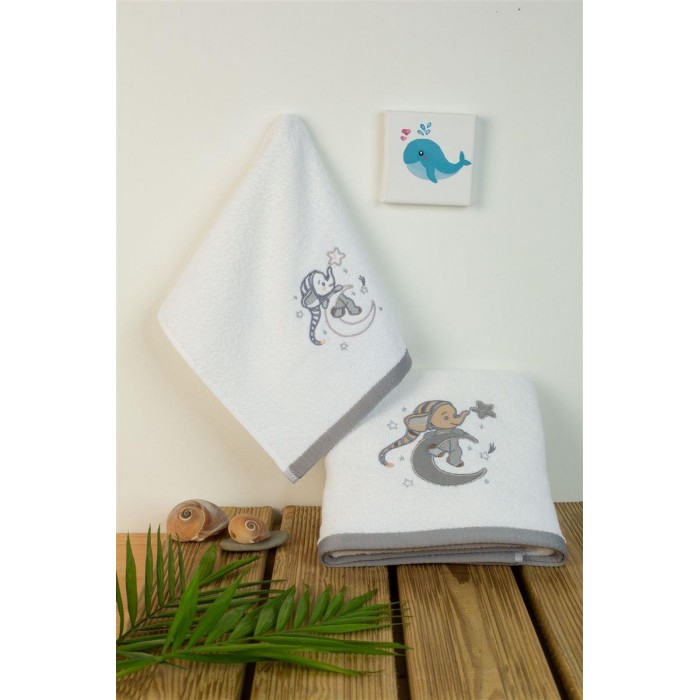 Set of 2 Towels Dreaming Elephant White