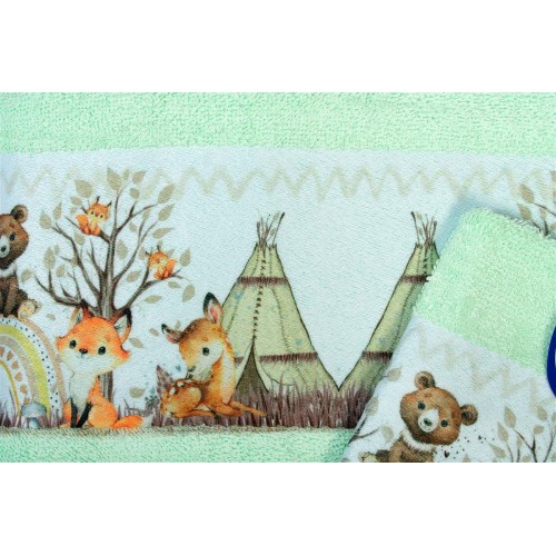 Set of Towels 2 Pcs Forest Animals Mint