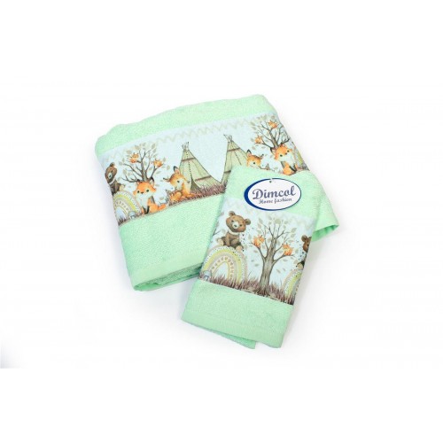 Set of Towels 2 Pcs Forest Animals Mint