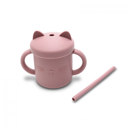 Silicone Cup With Handles+Straw Natural Deep Pink