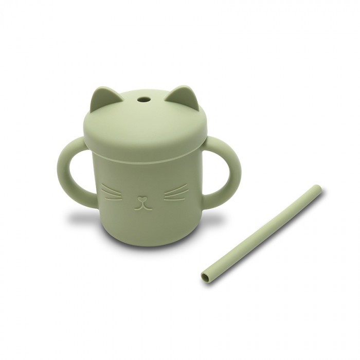 Silicone Cup With Handles+Straw Natural Green