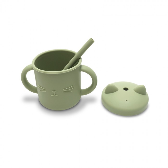 Silicone Cup With Handles+Straw Natural Green