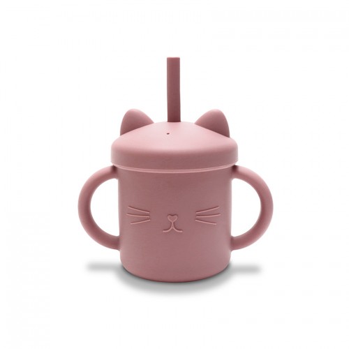 Silicone Cup With Handles+Straw Natural Deep Pink