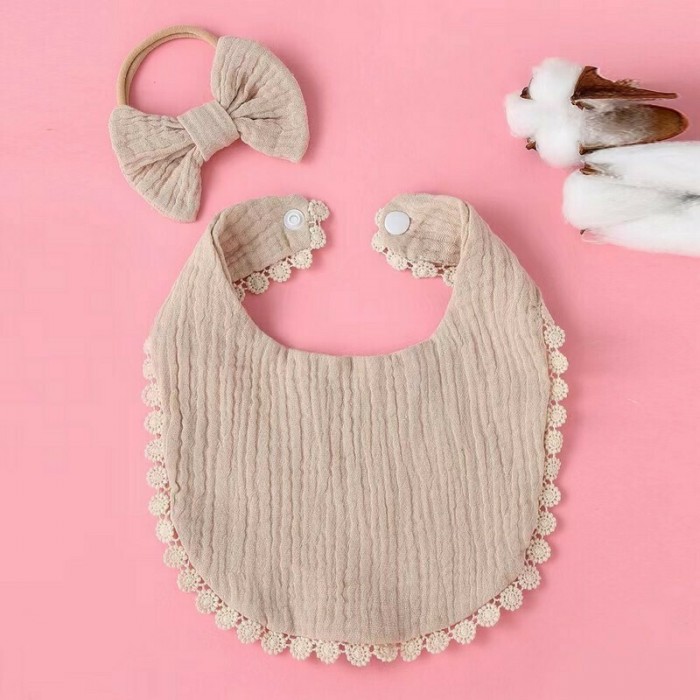 Bib and Hair Ribbon Set Beige