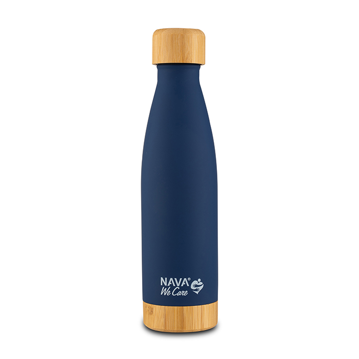 Stainless Steel Bamboo Thermos Bottle  Dark Blue 500ml