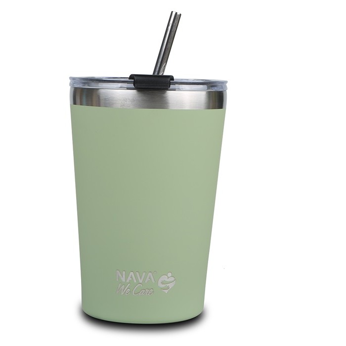 Thermos Cup With Stainless Steel Straw "We Care" Green 450ml